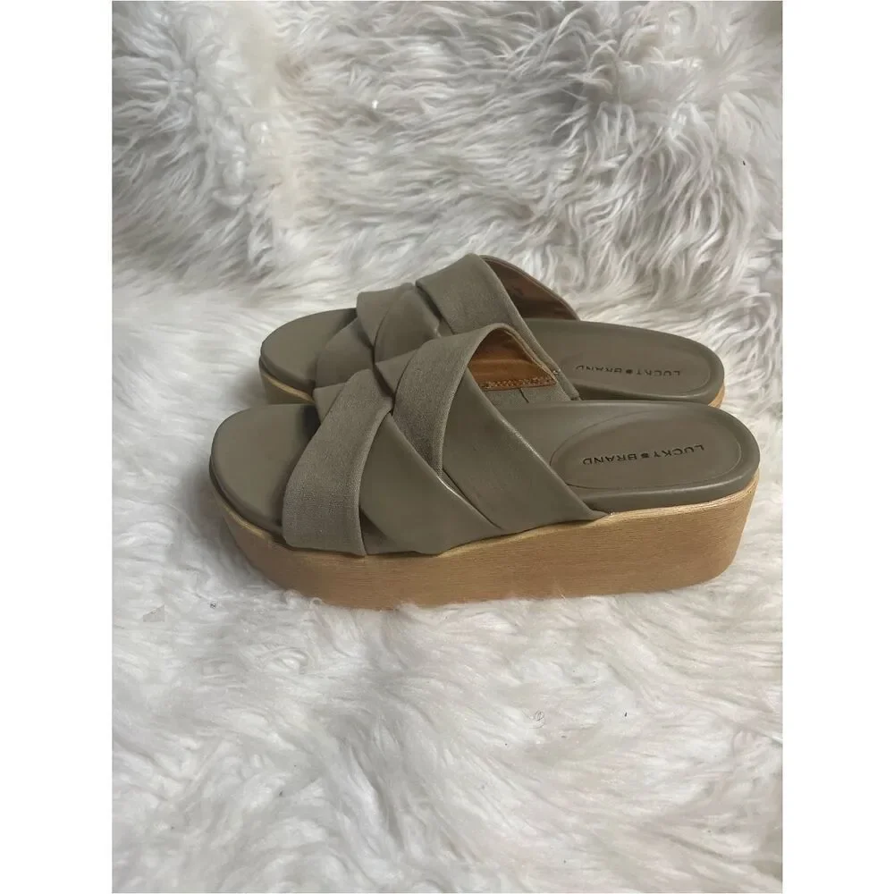 Lucky Brand Taupe Woven Platform Slide Sandals